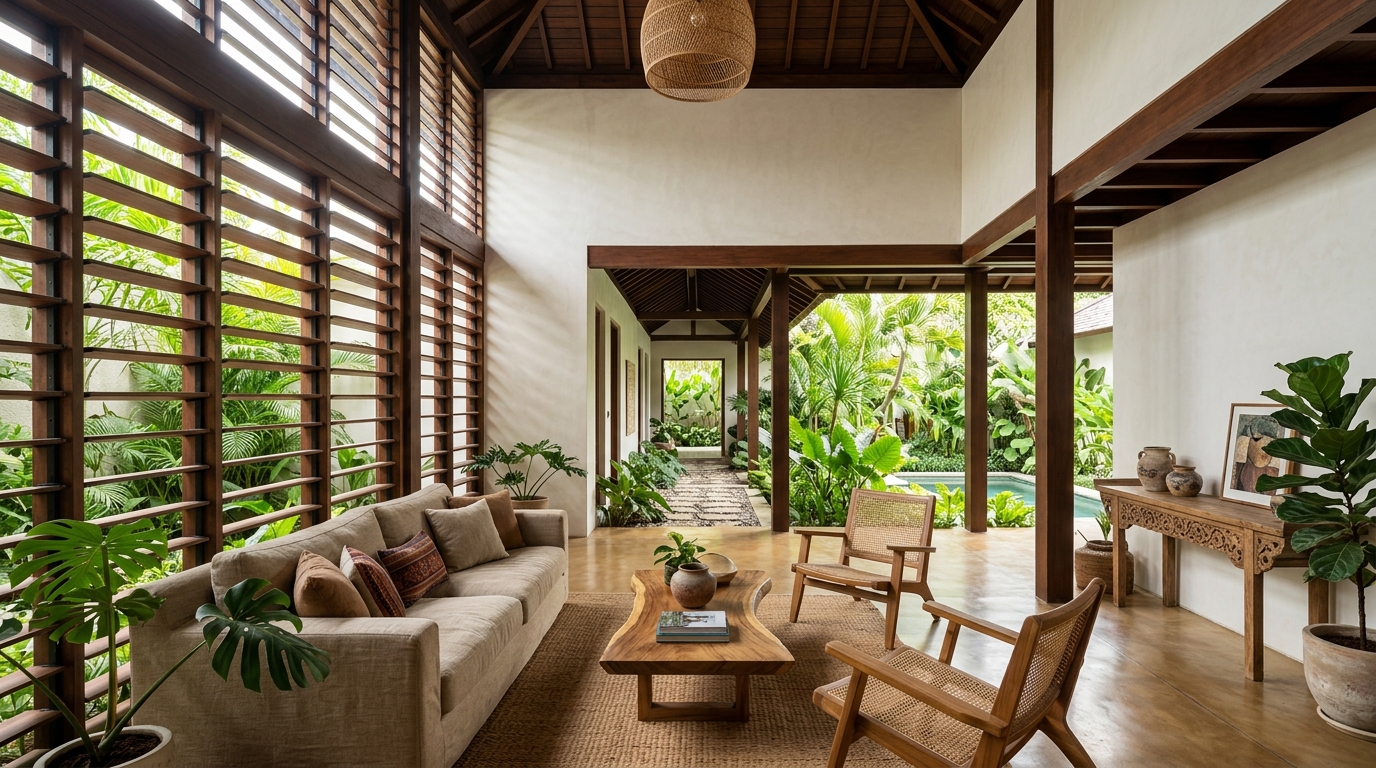 Desain Interior Ruang Keluarga dengan Bukaan Ventilasi Silang dan Courtyard Hijau