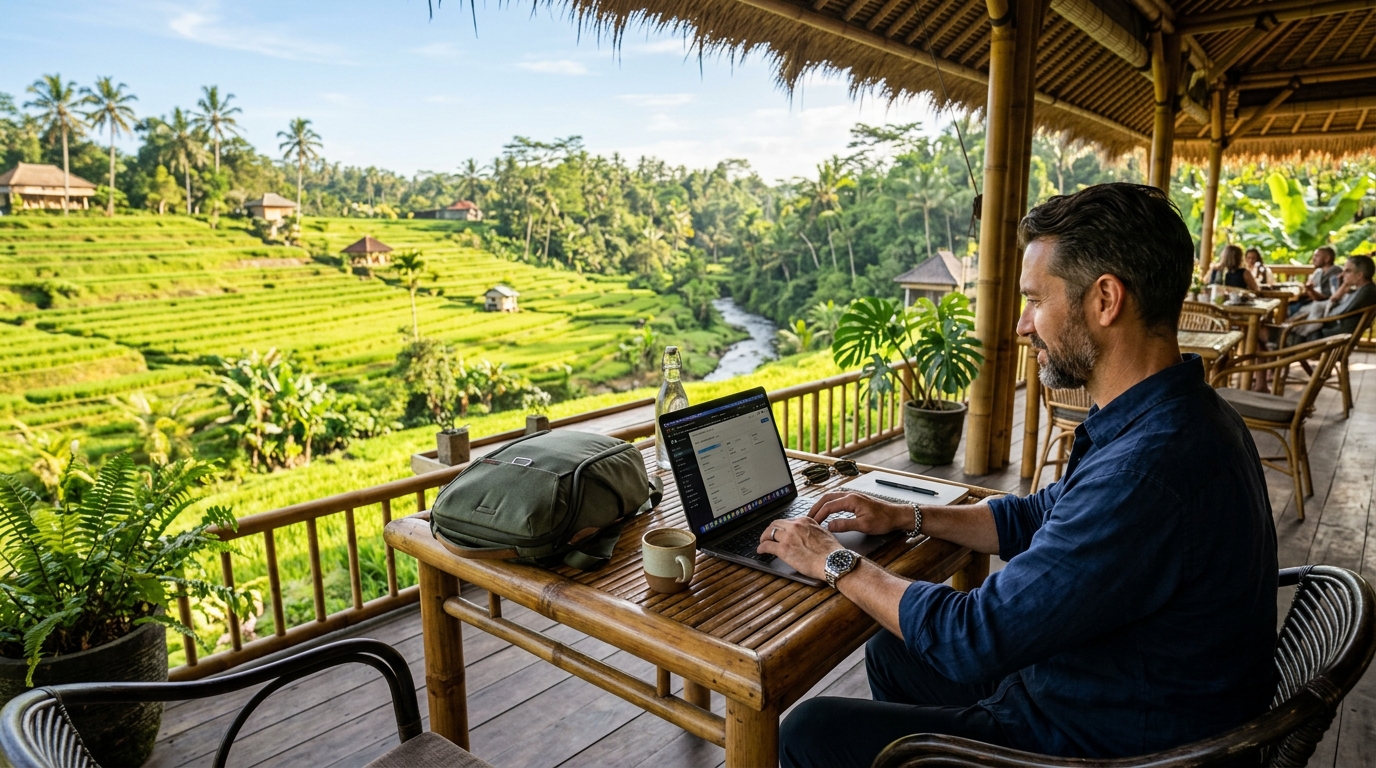 Pengusaha Digital Bekerja di Teras Cafe Villa Menghadap Sawah Ubud